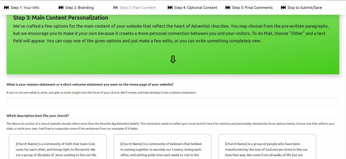 Screenshot of content questionnaire