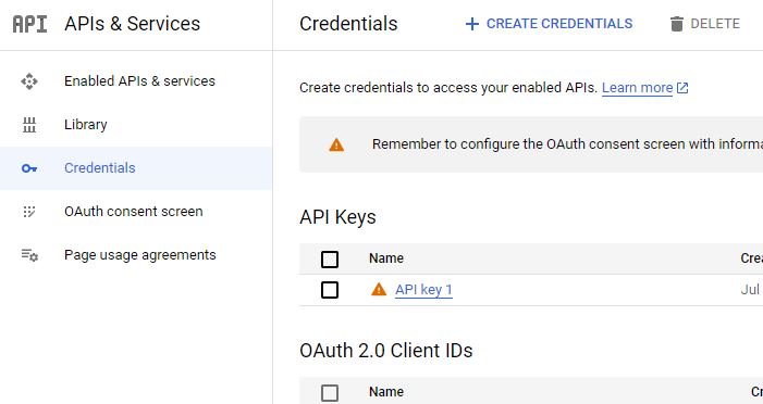 screen shot of google cloud console under API credentials